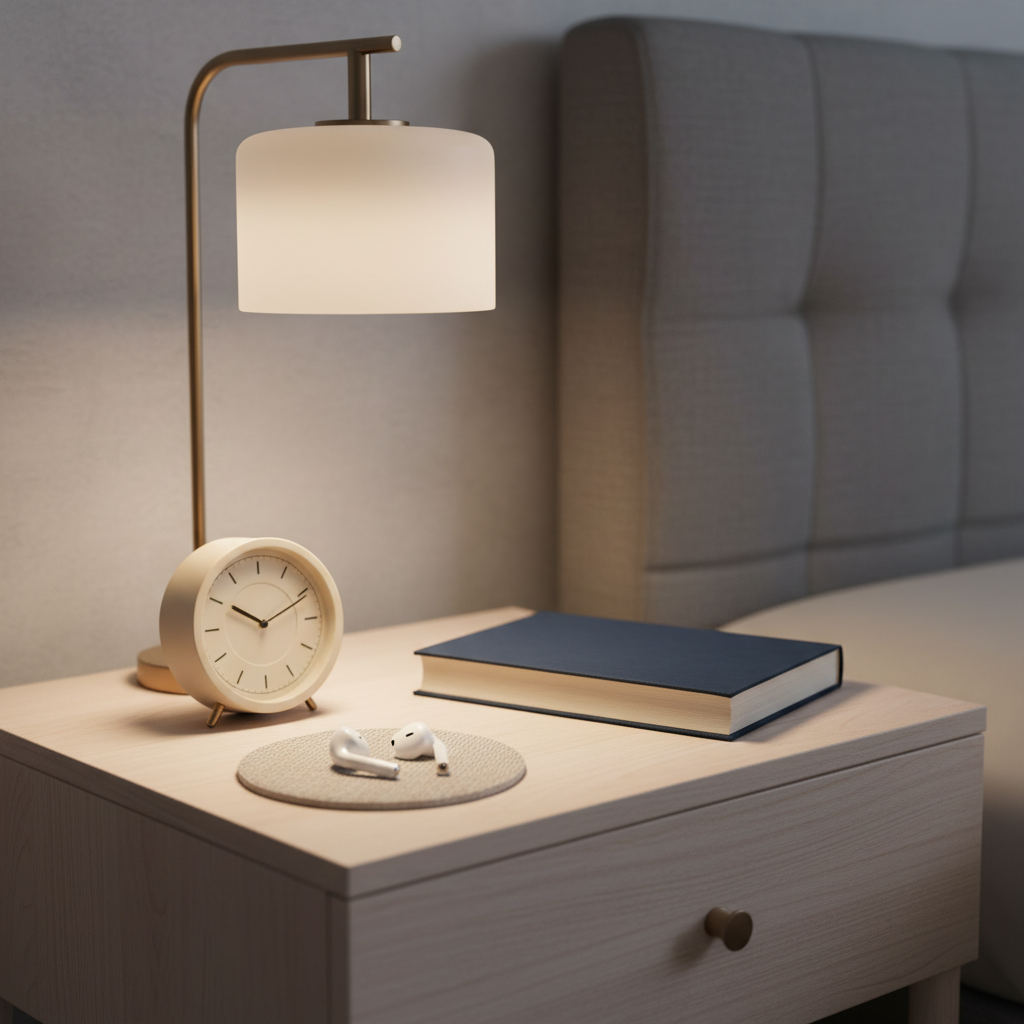 A clean, neutral-toned bedside nightstand with a smooth light-wood surface, holding a small analog alarm clock, a closed, unbranded hardcover book with a dark blue cover, and a simple frosted-glass lamp casting a warm, soft glow. A neatly folded pair of wireless earbuds rests on a cloth coaster, suggesting guided audio exercises. The background shows a portion of a tidy headboard and wall in muted grey, subtly blurred with shallow depth of field. Shot in photographic realism from a slightly elevated three-quarter angle, the composition feels balanced and uncluttered. The mood is calm, private, and reassuring, evoking nighttime routines for performance, relaxation, and confidence without any human figures or explicit sexual references.