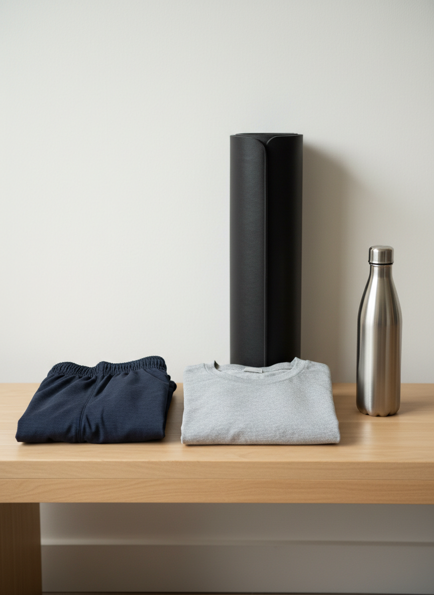 A pair of neatly folded, dark navy athletic shorts and a plain heather-grey T-shirt arranged on a light wooden bench, the fabrics appearing soft yet durable, with subtle texture visible in the weave. A rolled, unbranded black exercise mat leans against the wall behind them, and a simple stainless-steel water bottle stands nearby. Diffused daylight from an unseen window illuminates the scene evenly, creating soft shadows and a calm, intentional atmosphere. Photographic realism at an eye-level, straight-on composition emphasizes order and readiness. The mood is disciplined, private, and encouraging, evoking preparation for pelvic floor exercises, breathing practice, and confidence-building routines without any human presence or suggestive visuals.