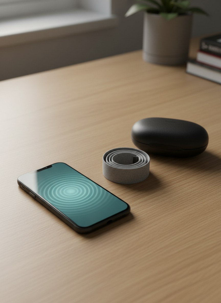 A minimalist, matte-black smartphone lying on a smooth oak desk, its screen displaying a subtle abstract pattern of concentric circles and gentle waves, metaphorically representing breathing rhythms and pelvic floor awareness. Beside it rests a simple grey fabric wristband and a closed, unbranded headphone case. Soft afternoon window light enters from the left, creating a clean gradient of light across the desk and delicate reflections on the phone’s edges. Captured in photographic realism from a slightly elevated angle using the rule of thirds, with the phone as the focal point and the background softly blurred. The atmosphere is modern, focused, and professional, suggesting private, app-guided training for men’s performance without showing any bodies or explicit imagery.