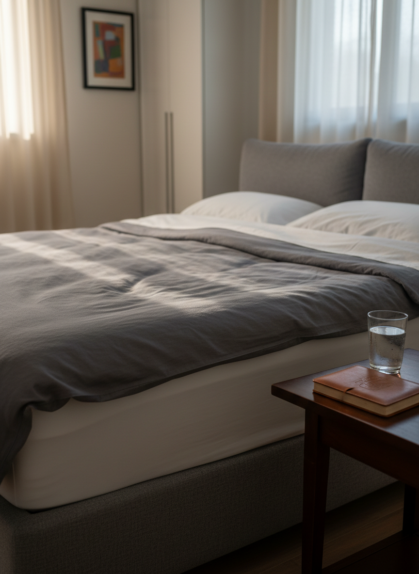 A neatly made queen-sized bed with a dark charcoal duvet and crisp white sheets, the surface slightly indented to suggest recent movement, symbolizing rest and recovery. On a wooden bedside table sits a closed leather-bound journal and a glass of water, hinting at reflection and hydration. Soft, early-morning natural light filters through sheer curtains, casting gentle shadows across the fabric folds. Photographic realism at eye level, with a shallow depth of field that keeps the bed in sharp focus while the background blurs into a calm, uncluttered bedroom. The mood is composed, private, and reassuring, subtly evoking control, confidence, and healthy routines without any explicit content or visible people.