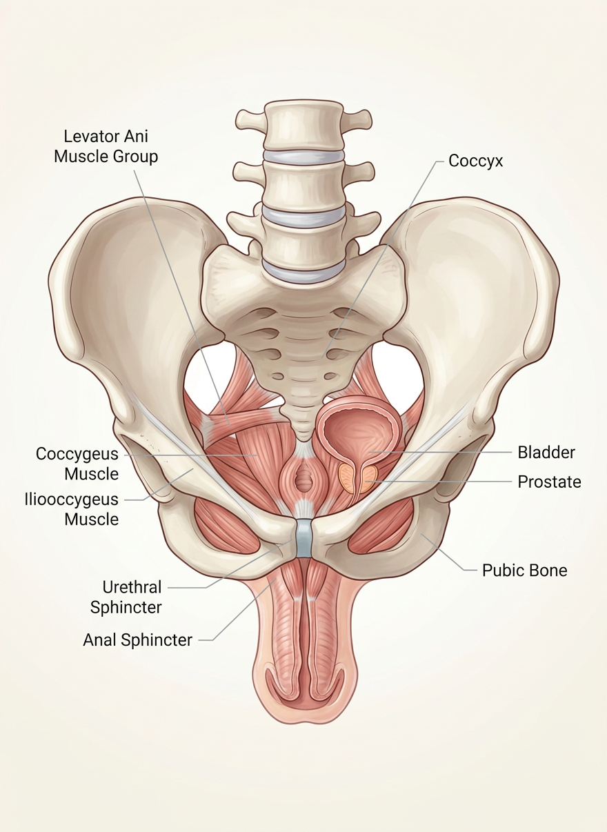 Labeled diagram of male pelvic floor muscles, bladder, prostate, and pelvic bones