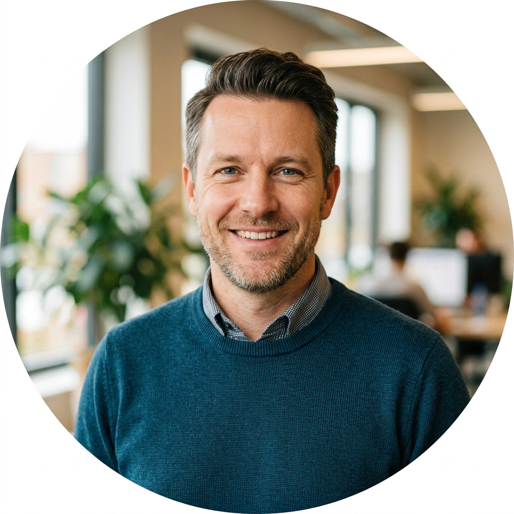 Smiling professional man in a blue sweater standing in an office