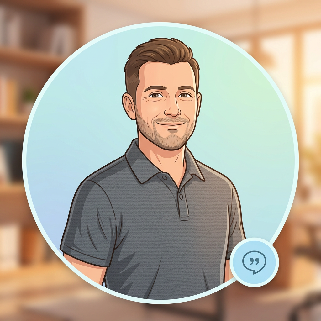 Smiling illustrated man wearing a dark polo shirt