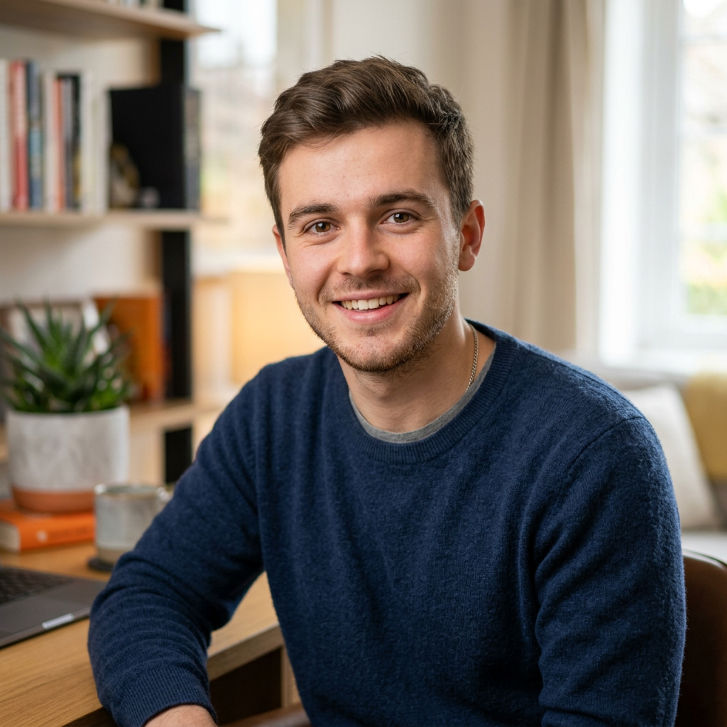 Smiling young man seated at a desk in a home office