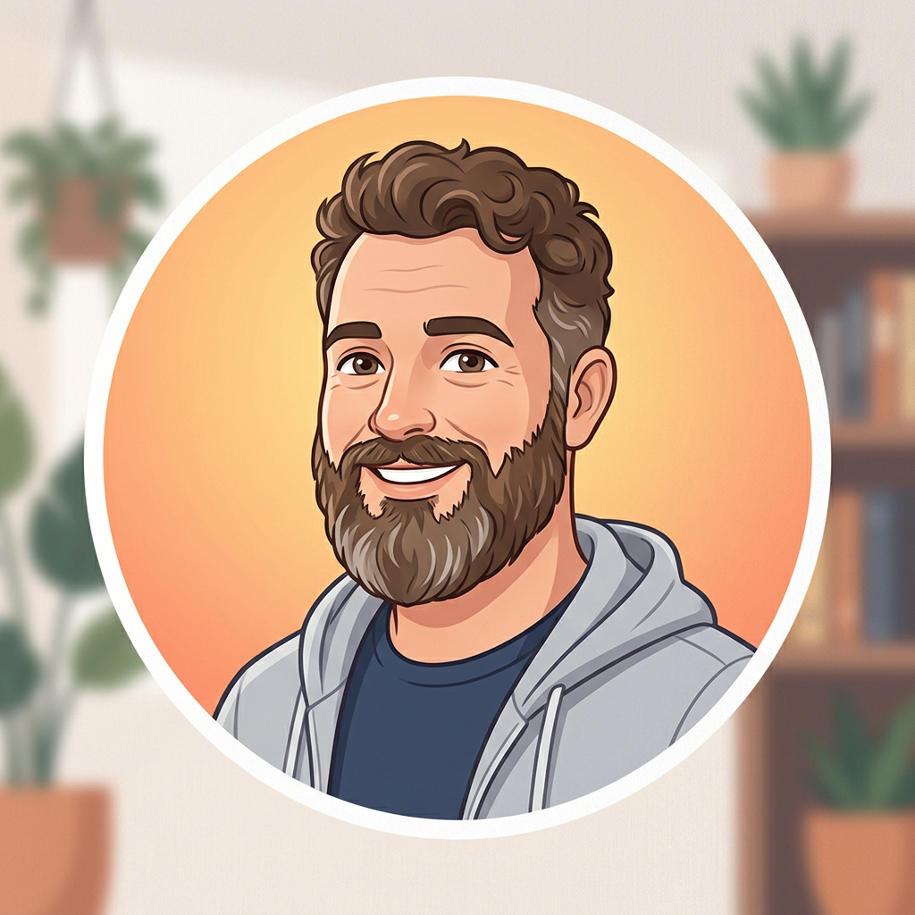 Illustrated smiling bearded man wearing a gray hoodie